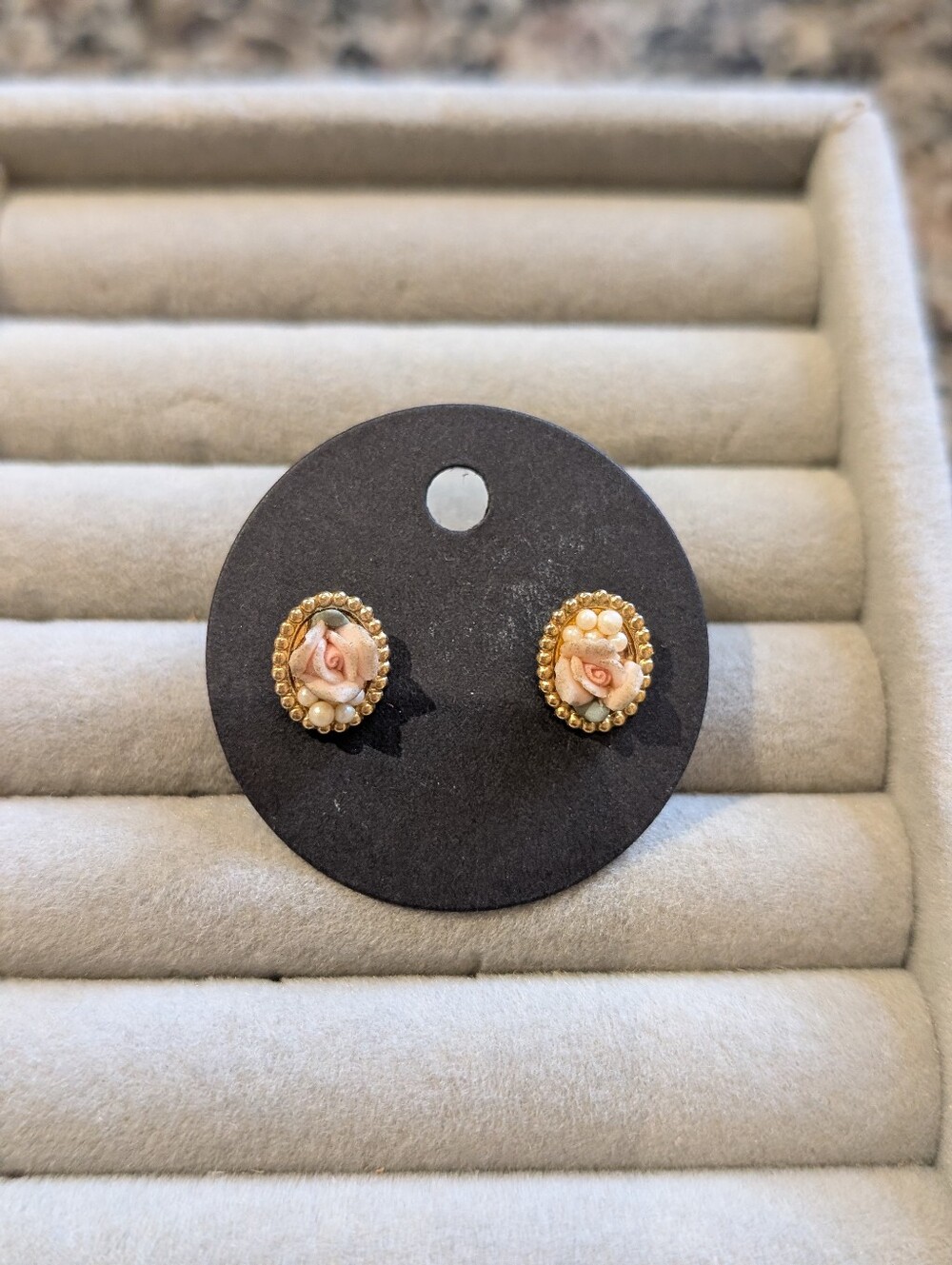 Vintage Style Pink Rose & Pearl Gold-Tone Stud Earrings